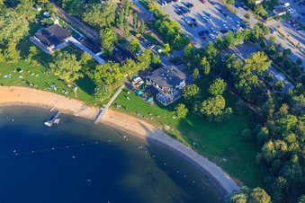 Aerial photograpy of Beach of the Wiesensee outdoor pool in Hemsbach in the state Baden-Wuerttemberg, Germany
