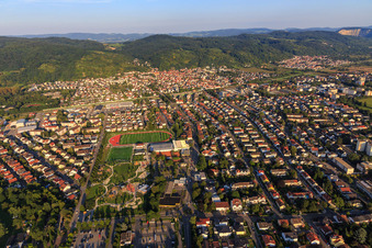 City view on the edge of the Odenwald from the west with sports field of the sports community Hemsbach 1912 eV in Hemsbach in the state Baden-Wuerttemberg, Germany
