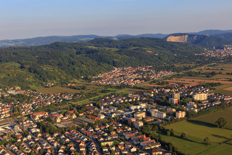 City view on the edge of the Odenwald from the west in Hemsbach in the state Baden-Wuerttemberg, Germany