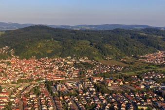 Aerial view of City view on the edge of the Odenwald from the west in Hemsbach in the state Baden-Wuerttemberg, Germany