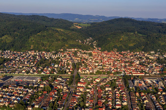 Aerial photograpy of City view on the edge of the Odenwald from the west in Hemsbach in the state Baden-Wuerttemberg, Germany