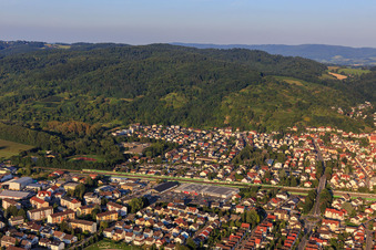 Oblique view of City view on the edge of the Odenwald from the west in Hemsbach in the state Baden-Wuerttemberg, Germany