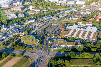Eight-shaped car dealership building Autohaus Ebert GmbH & Co. KG and Auto Knapp GmbH in Weinheim in the state Baden-Wurttemberg, Germany