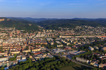 City view on the edge of the Odenwald from the northwest with Mannheime Straße, REWE Center Markus Mauz and Mercedes-Benz Service Weinheim, ŠKODA car dealership Weinheim - Autowelt Ebert in Weinheim in the state Baden-Wuerttemberg, Germany