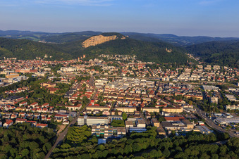 City view on the edge of the Odenwald from the west with Wormser Straße and Hans-Freudenberg-Schule in Weinheim in the state Baden-Wuerttemberg, Germany