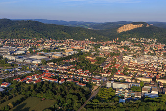 Aerial view of City view on the edge of the Odenwald from the west with Wormser Straße and Hans-Freudenberg-Schule in Weinheim in the state Baden-Wuerttemberg, Germany