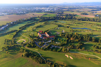 Aerial view of Golf Shop Gut Neuzenhof, Restaurant Gut Neuzenhof and day-spa Anke Bader at the Golf Club - Golf Course Heddesheim Gut Neuzenhof in Heddesheim in the state Baden-Wuerttemberg, Germany