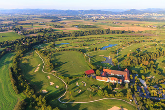 Oblique view of Golf Shop Gut Neuzenhof, Restaurant Gut Neuzenhof and day-spa Anke Bader at the Golf Club - Golf Course Heddesheim Gut Neuzenhof in Heddesheim in the state Baden-Wuerttemberg, Germany