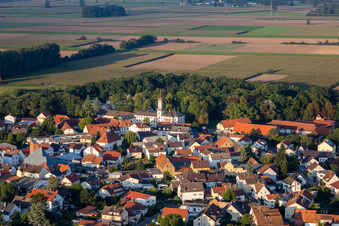 Aerial view of Rennhof Castle with Private Lithuanian Gymnasium in the district Hüttenfeld in Lampertheim in the state Hesse, Germany