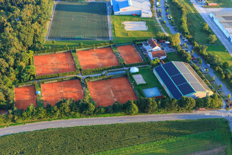 Oblique view of Sports fields of the Tennisclub Olympia Lorsch eV and the TVGG Lorsch in Lorsch in the state Hesse, Germany