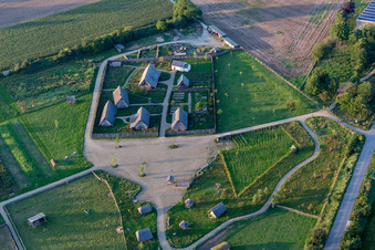 Aerial view of Museum building ensemble Freilichtlabor Lauresham in Lorsch in the state Hesse, Germany