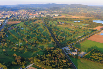 Oblique view of Railway line cuts through the golf course of Golf-Club Bensheim eV in Bensheim in the state Hesse, Germany