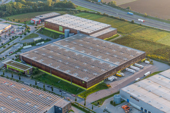 Aerial view of Building complex and grounds of the logistics center of Verteilzentrums von Alnatura in Lorsch in the state Hesse, Germany