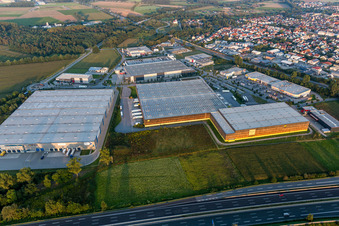 Aerial photograpy of Building complex and grounds of the logistics center of Verteilzentrums von Alnatura in Lorsch in the state Hesse, Germany