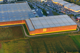 Aerial photograpy of Alnatura distribution center with wooden facade in Lorsch in the state Hesse, Germany
