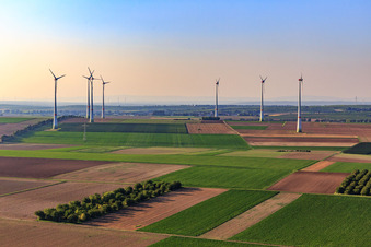 Oblique view of Hochborn-Gau-Heppenheim wind farm north of Bechtheim in the district Heßloch in Dittelsheim-Heßloch in the state Rhineland-Palatinate, Germany