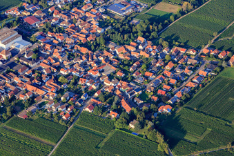 Village view between vineyards from the southwest in Böchingen in the state Rhineland-Palatinate, Germany