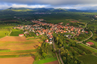 Aerial view of Village view on the Kaiserbach from the southwest in Göcklingen in the state Rhineland-Palatinate, Germany