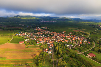 Aerial photograpy of Village view on the Kaiserbach from the southwest in Göcklingen in the state Rhineland-Palatinate, Germany