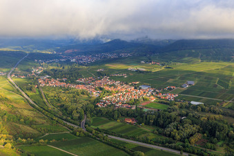 View of the town behind the B10 from the southeast in Siebeldingen in the state Rhineland-Palatinate, Germany