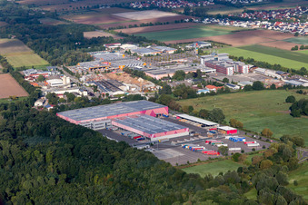Aerial view of Hornbach logistics center in front of the Landau Ost industrial area in the district Dreihof in Essingen in the state Rhineland-Palatinate, Germany
