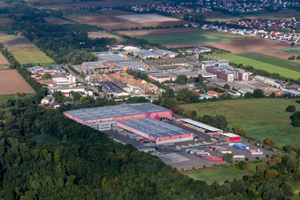 Oblique view of Hornbach logistics center in front of the Landau Ost industrial area in the district Dreihof in Essingen in the state Rhineland-Palatinate, Germany