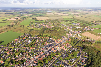 Aerial view of Town View of the streets and houses of the residential areas in Outrup in , Denmark