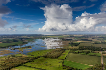 Aerial view of River Delta and estuary of the Varde river into the Ho-bay of the north sea in Varde in Sued, Denmark