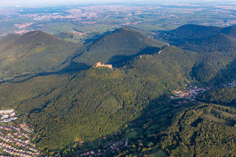 Aerial view of The 4 castles Trifels, Anebos, Jungturm and Münz in Annweiler am Trifels in the state Rhineland-Palatinate, Germany