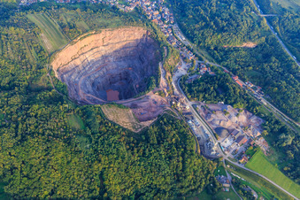 Quarry Albersweiler of the Basalt-Actien-Gesellschaft in Albersweiler in the state Rhineland-Palatinate, Germany seen from above