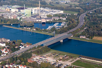 Aerial view of Maxau Rhine Bridge from the southwest in the district Maximiliansau in Wörth am Rhein in the state Rhineland-Palatinate, Germany