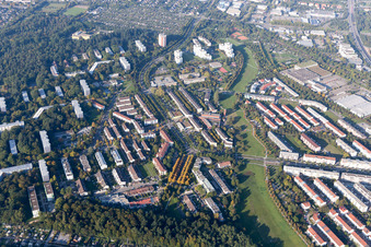 District Oberreut in Karlsruhe in the state Baden-Wuerttemberg, Germany from the plane