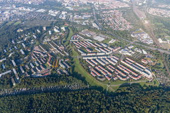 Bird's eye view of District Oberreut in Karlsruhe in the state Baden-Wuerttemberg, Germany