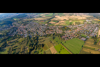 Panoramic perspective Town View of the streets and houses of the residential areas in the district Gruenwettersbach and Palmbach in Karlsruhe in the state Baden-Wurttemberg, Germany