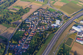 Aerial view of Village view from the southwest on the A8 with Nordinkraft in the district Darmsbach in Remchingen in the state Baden-Wuerttemberg, Germany