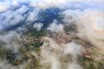 View of the town under clouds from the north in Albersweiler in the state Rhineland-Palatinate, Germany