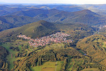 Village view in the Palatinate Forest from the south in Wernersberg in the state Rhineland-Palatinate, Germany