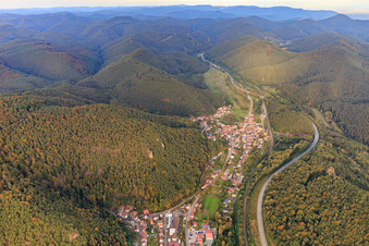 Aerial view of View of the Queichtal from the west in Wilgartswiesen in the state Rhineland-Palatinate, Germany