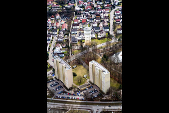 2 high-rise buildings and water tower on Dorschbergstr in Wörth am Rhein in the state Rhineland-Palatinate, Germany