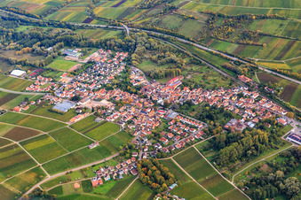 View of the Queichtal valley on this side of the B10 from the northwest in Siebeldingen in the state Rhineland-Palatinate, Germany