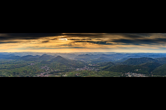 Panorama of the Haardtrand and the Palatinate Forest in the evening from the east, from Ranschbach to Frankweiler in Albersweiler in the state Rhineland-Palatinate, Germany