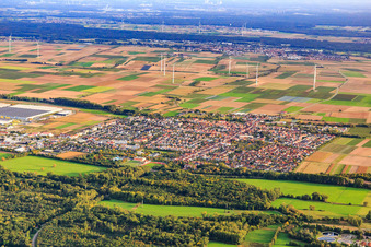 City view with wind farm from the north in Offenbach an der Queich in the state Rhineland-Palatinate, Germany