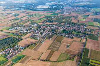 Aerial photograpy of Town View of the streets and houses of the residential areas in Schwegenheim in the state Rhineland-Palatinate, Germany