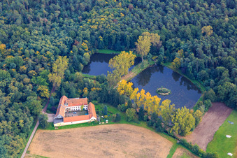 Aerial photograpy of Lachenmühle on the edge of the forest with mill lakes in the district Niederlustadt in Lustadt in the state Rhineland-Palatinate, Germany