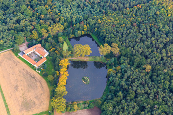 Lachenmühle on the edge of the forest with mill lakes in the district Niederlustadt in Lustadt in the state Rhineland-Palatinate, Germany from above
