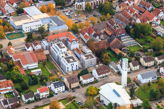 Aerial view of New construction for residential and commercial buildings between Marktstr- and Goetherstr in Kandel in the state Rhineland-Palatinate, Germany