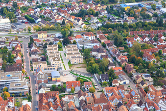 Aerial view of Savings bank, VG administration and housing estate in the city center from the northeast in Kandel in the state Rhineland-Palatinate, Germany