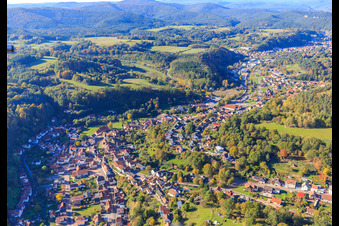 Village overview in the Wieslautertal from the east in Bundenthal in the state Rhineland-Palatinate, Germany