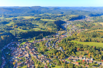 Aerial view of Village overview in the Wieslautertal from the east in Bundenthal in the state Rhineland-Palatinate, Germany