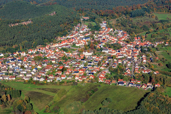 Village view in the Palatinate Forest from the southwest in Busenberg in the state Rhineland-Palatinate, Germany